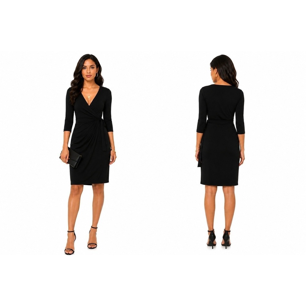 Women's‎ Faux Wrap Dress by Sunglory Black 3/4 Sleeve Size M New With Tags - Picture 5 of 12